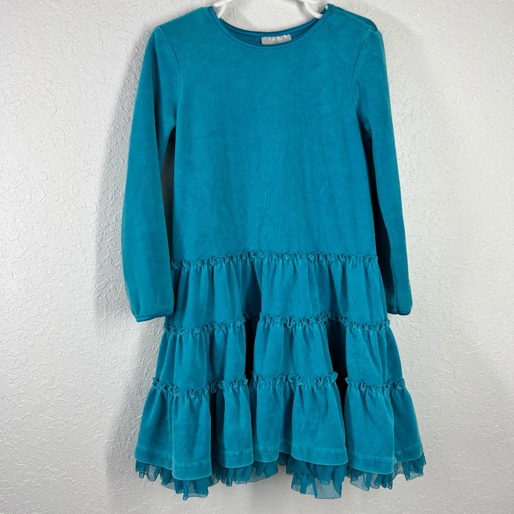 Hanna Andersson Teal Velour Long-sleeved 3-tier spin dress sz 110‎